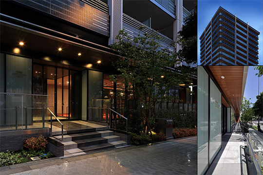 エントランス廻りディテール・東南面マリオンライトアップ