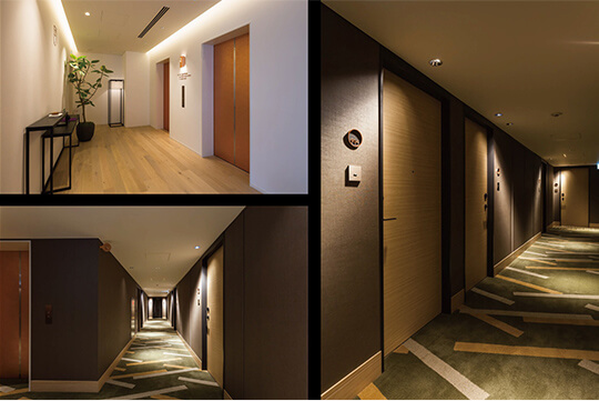 エレベーターホール・廊下｢器具の存在感を押さえたメリハリのある照明計画｣ ©クドウフォト