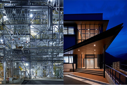 発電の心臓部であるボイラーと来客者を迎える事務棟エントランス ©山本慶太