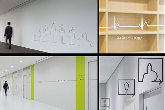 心電図をはじめ、線形モチーフによる統一感を持たせたサイン ©エスエス名古屋