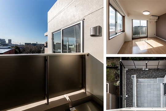 南側洋室バルコニー（左）リビング（右上）1階テラス見下（右下） ©伸和