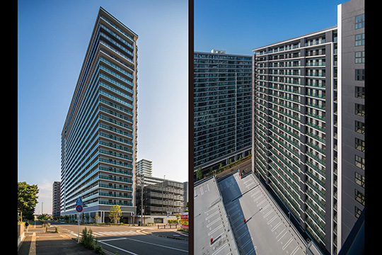 端正な外観／水平を強調した開放廊下外観（奥に見える建物が1期工事）©住友不動産指定委託会社