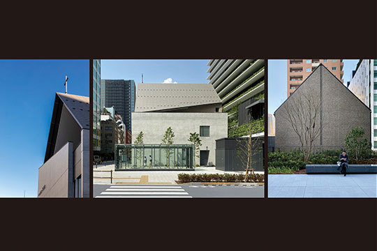 外観 十字架（左）、南側RC壁と地下鉄新駅出入口（中）、東側外観（右） ©︎ナカサアンドパートナーズ