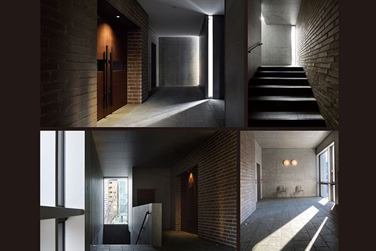 1階ホール（左上）、1階ホールから礼拝堂へ（右上）、2階ホワイエ（左下、右下） ©︎ナカサアンドパートナーズ