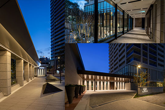 駅出入口アプローチ（左）エントランスゲート（右上）コーチエントランス（右下）©︎株式会社 伸和