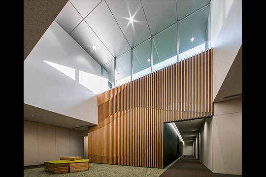 自然光を取り入れたロビー空間・岡山の山並みを木ルーバーで描いた「蒜山ウォール」