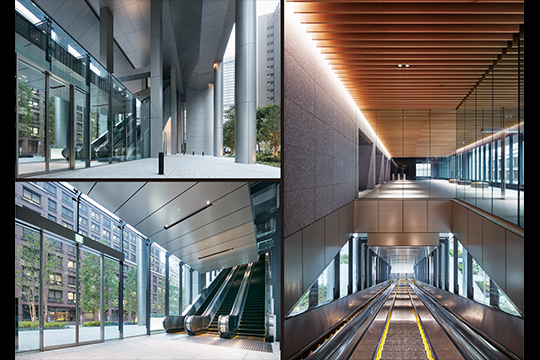 ピロティを貫くガラスチューブからシームレスに繋がるオフィスエントランス ©フォワードストローク
